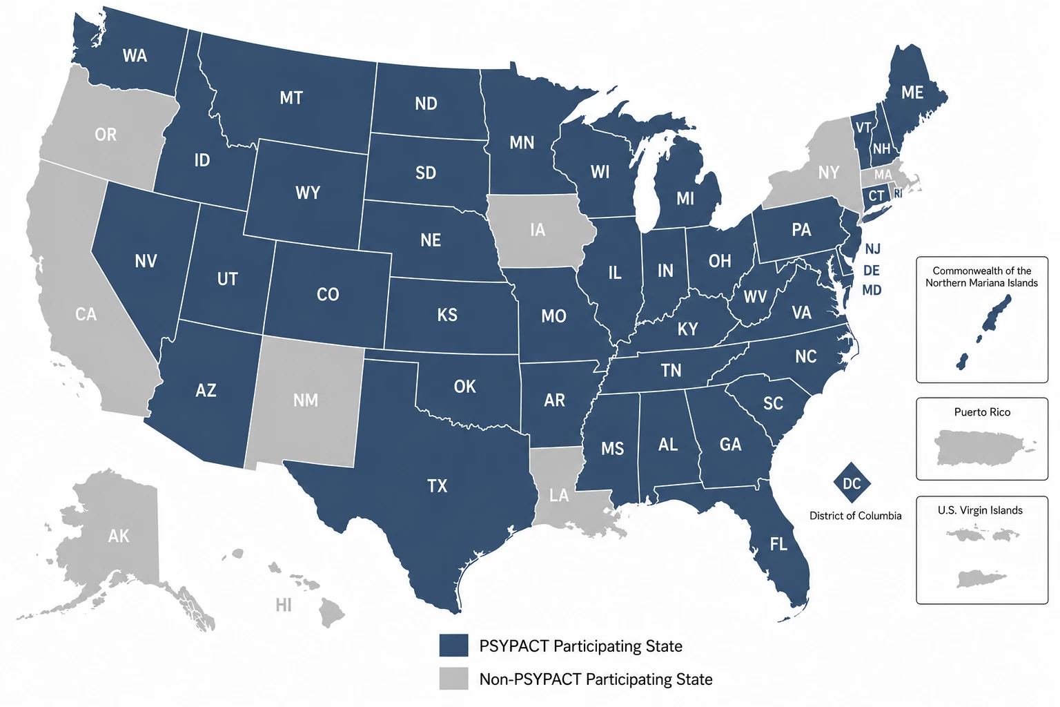 Map of PSYPACT participating states where Dr. Jerud provides teletherapy